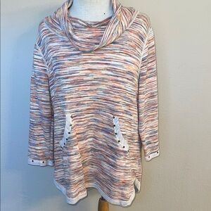 Multiples Orange and White Cowl Neck Sweater Lightweight Striped